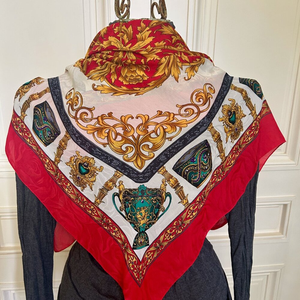 Colorful Florentine Design Scarf Grecian Urn Vases Gold Red Green 34" x 34"